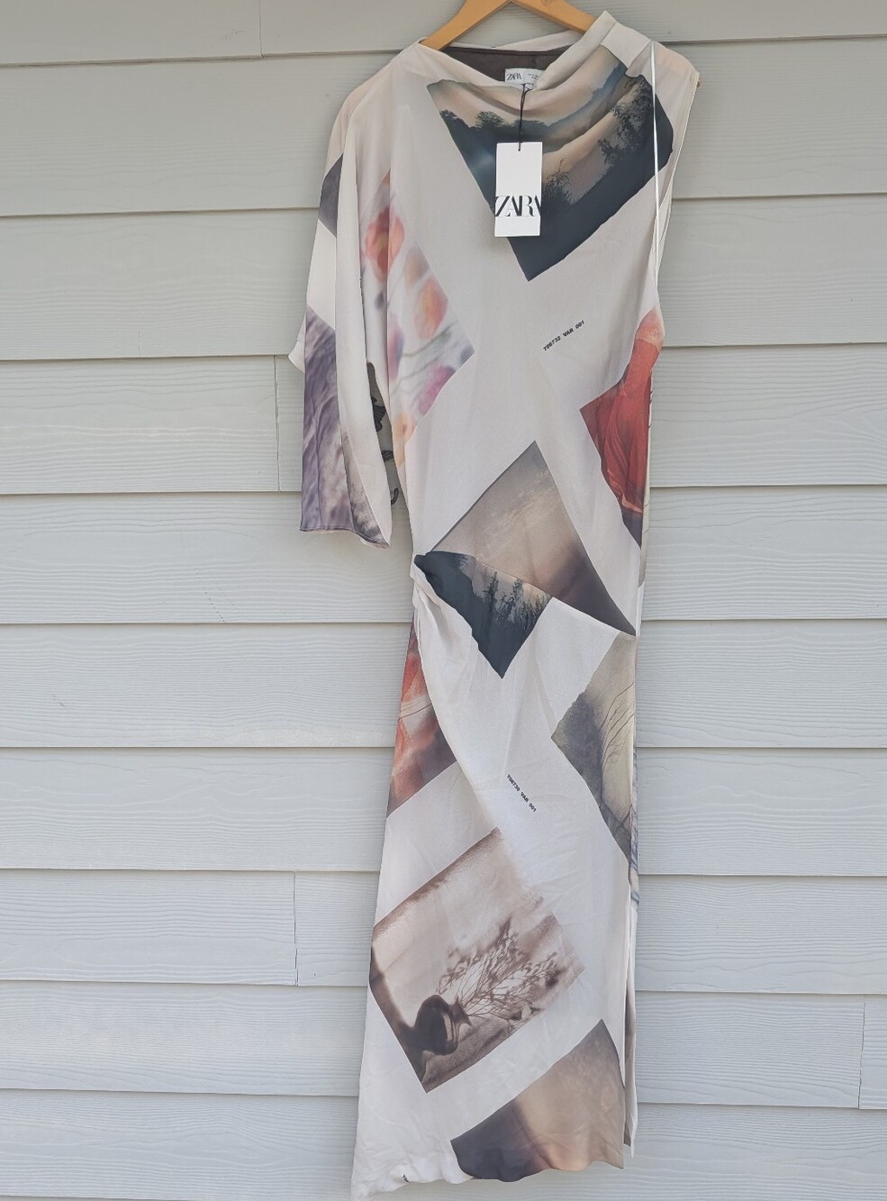 Zara Dress NWT Size S Cream Printed Asymmetrical Maxi Trendy Unique Lined - Picture 6 of 11